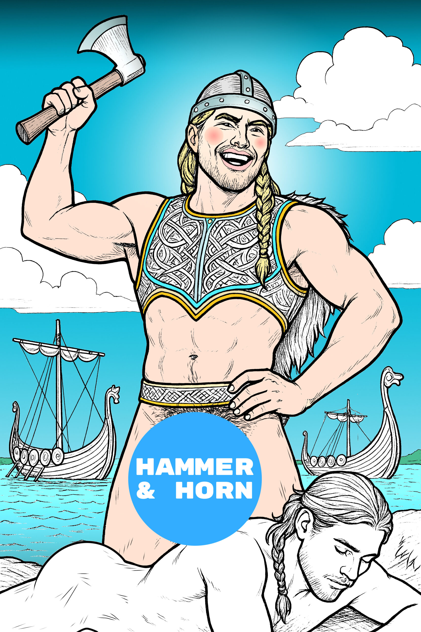 Hammer & Horn adult colouring book cover featuring a smiling Viking warrior inspired by Norse legend. Premium line art celebrating masculine beauty, companionship, adventure and artistic male figure illustration.