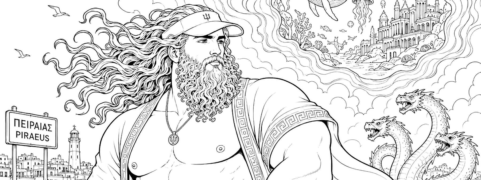 Modern myth-inspired line art featuring a handsome bearded man overlooking imagined worlds where ancient legends, original stories and artistic male figure illustration come together. Premium adult colouring book artwork by ColouringBoys.
