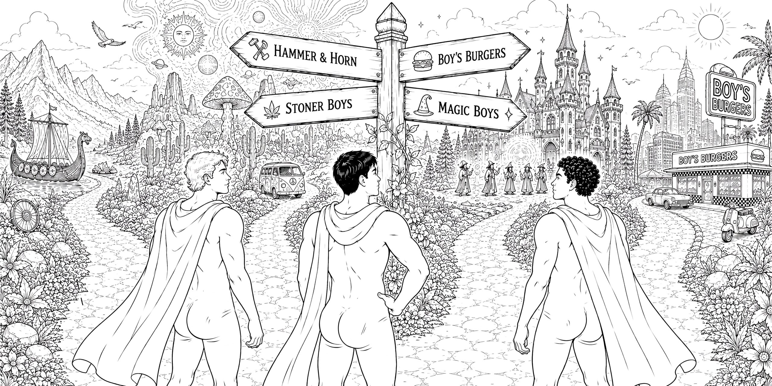 Illustration of three handsome nude men standing at a crossroads leading to original imagined worlds. Hero artwork for ColouringBoys, a premium adult colouring book collection celebrating artistic male figure illustration, immersive storytelling and beautifully crafted line art.