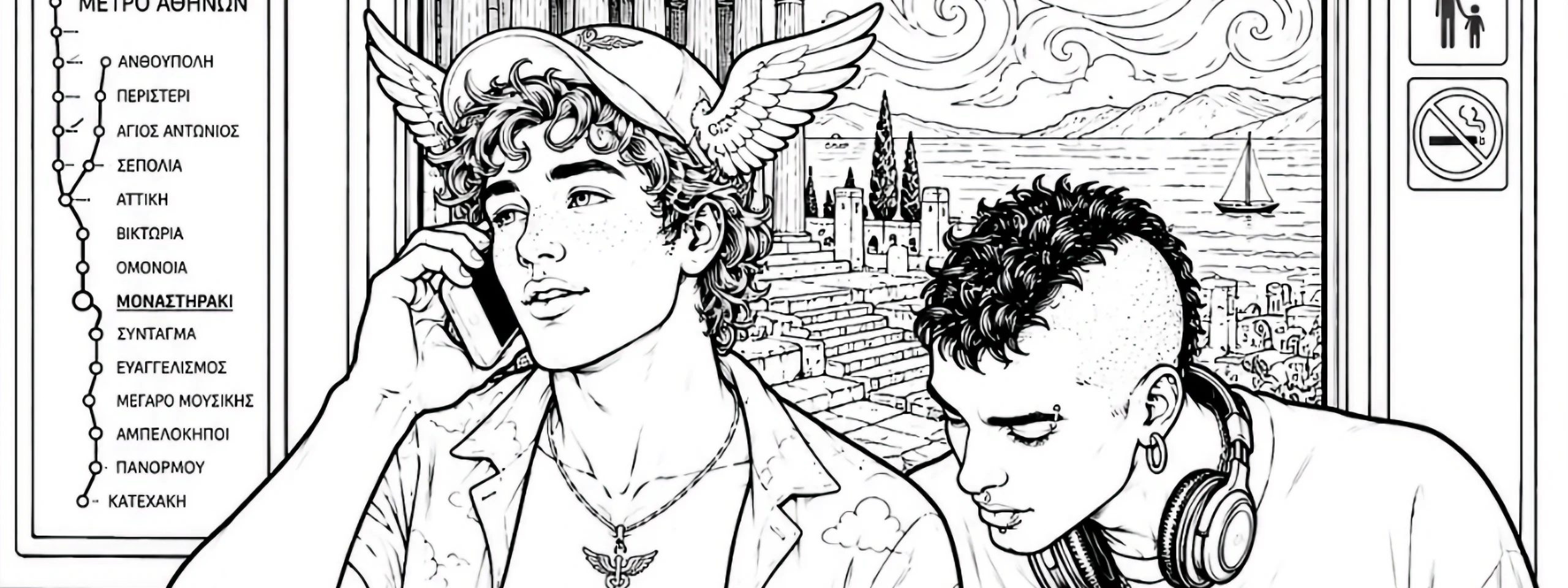 Illustration of two handsome young men travelling through modern Athens inspired by Greek mythology. Artwork from ColouringBoys' premium adult colouring book collection celebrating artistic male figure illustration, immersive storytelling and beautifully imagined worlds.