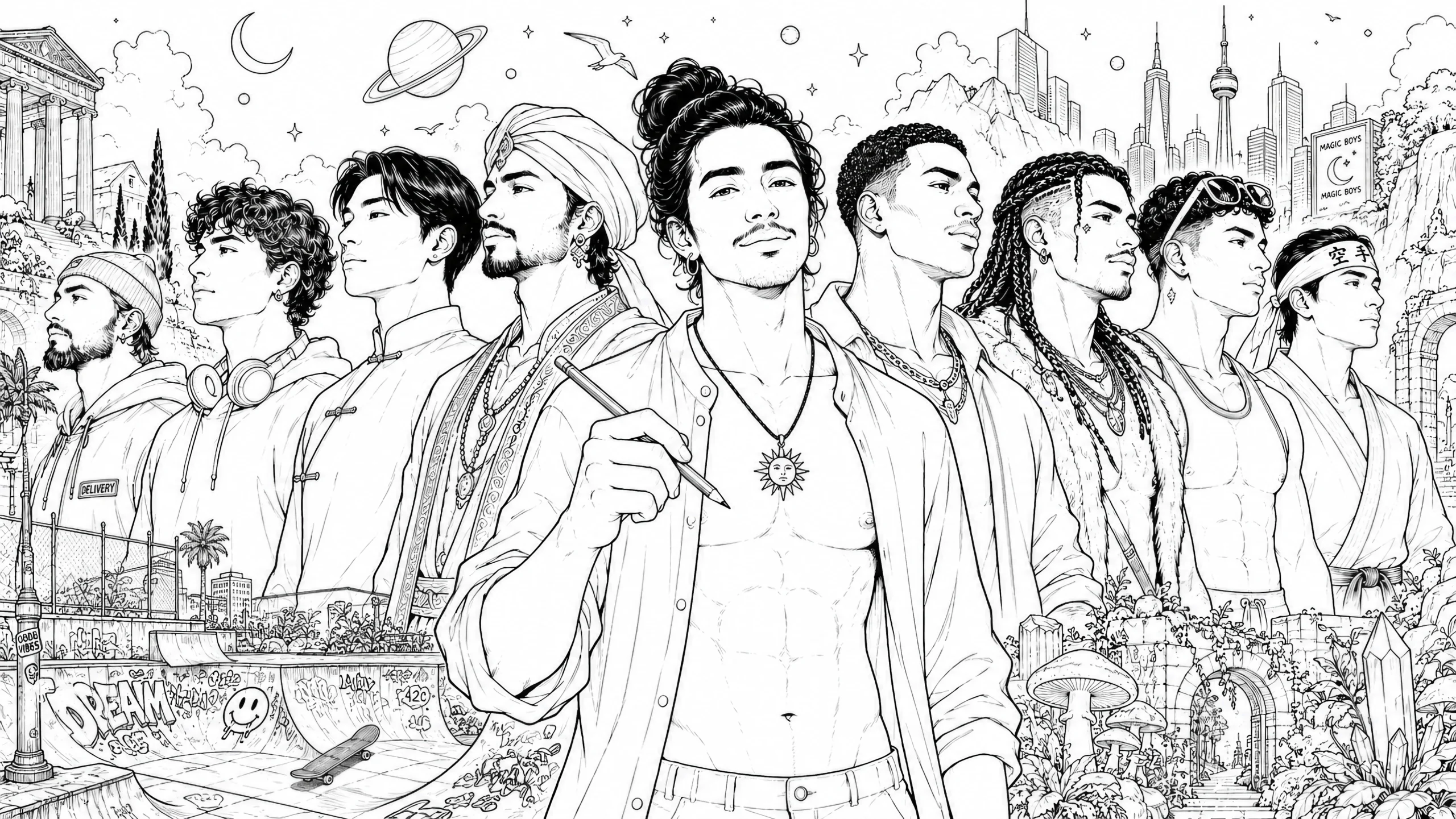 Beautifully illustrated gay  men from Colouring Boys, a premium adult (18+) printable PDF coloring book collection featuring mythology, fantasy, history, magic and immersive worlds.