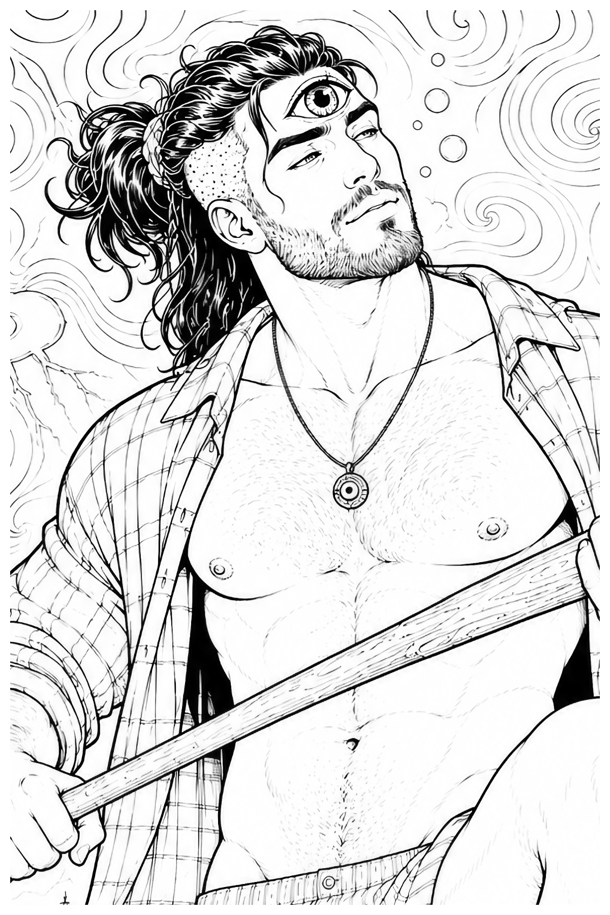 A handsome cyclops featuring in a colouring book page for queer adult men 18+