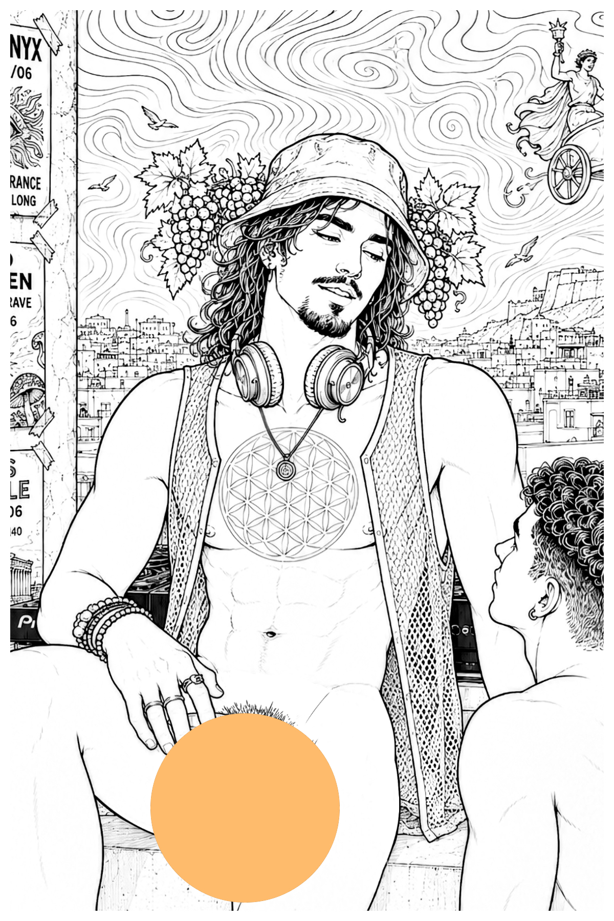 Dionysus as a modern DJ, as a. beautiful muse male figure in an gay adult colouring book
