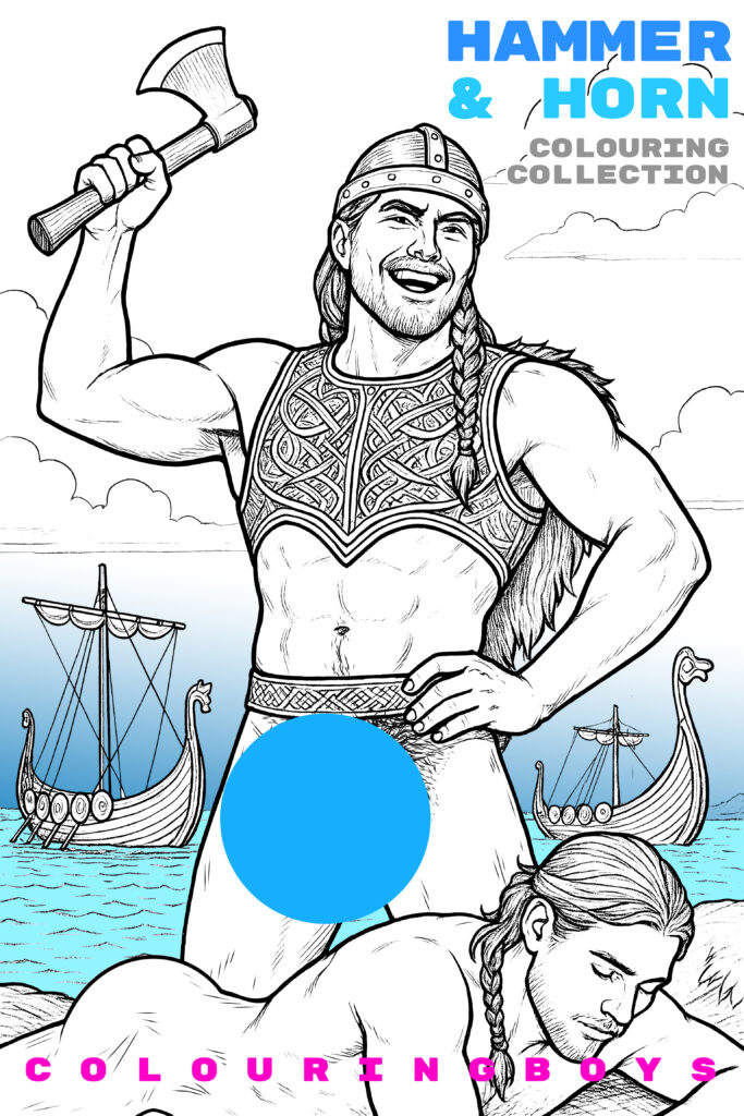 Hammer & Horn adult colouring book cover featuring a smiling Viking warrior inspired by Norse legend. Premium line art celebrating masculine beauty, companionship, adventure and artistic male figure illustration.