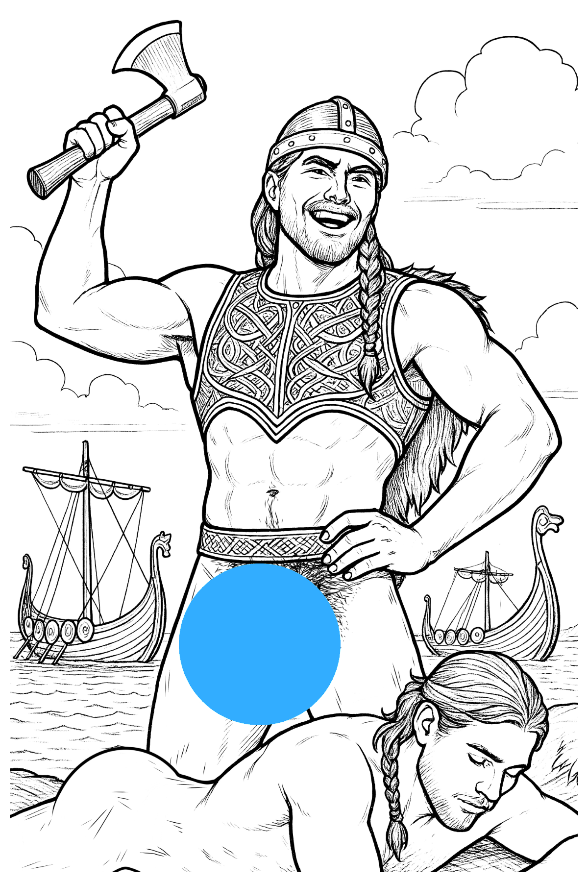Two illustrated Viking men in an adult colouring page from the 'Hammer & Horn' collection
