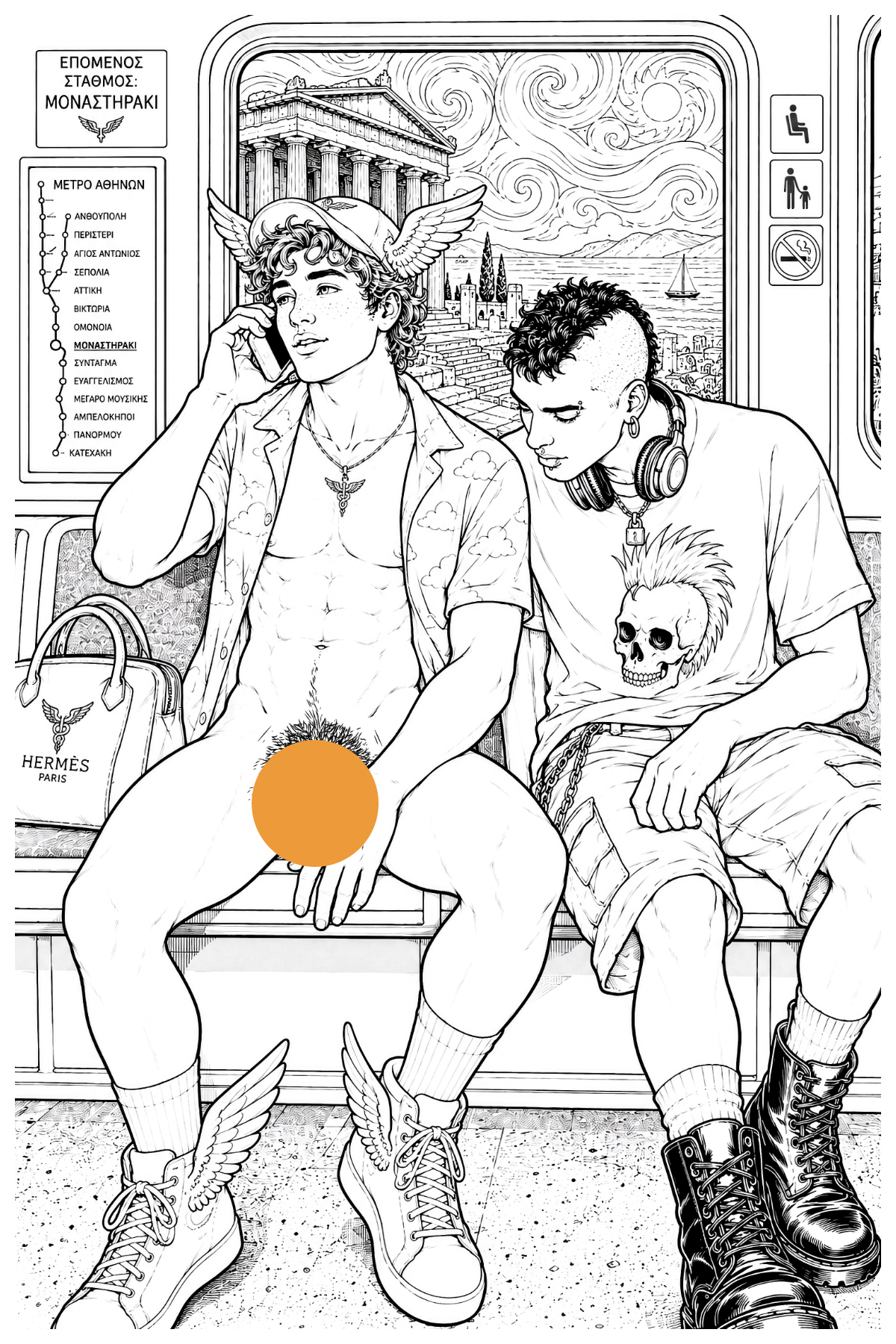 A modern Greek God Hermes on the metro in an adult 18+ male figure colouring book page