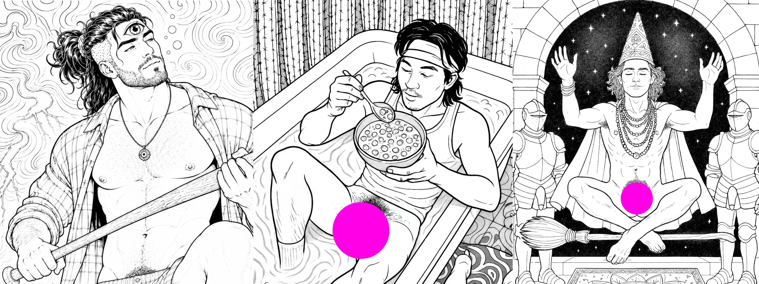 A collage image of three detailed expressive line illustrations from a selection of adult (18+) colouring book by ColouringBoys that celebrate the beauty of the male form in imaginative environments.