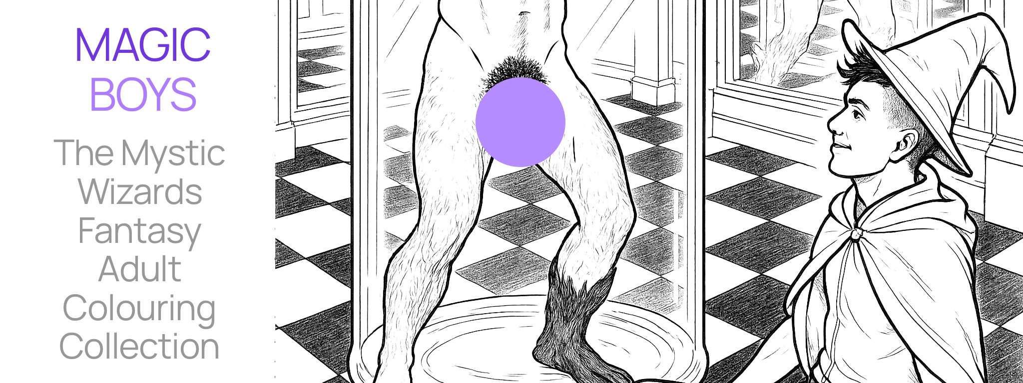 Male Wizard Twink featuring in an adult 18+ colouring page from the collection 'Magic Boys'