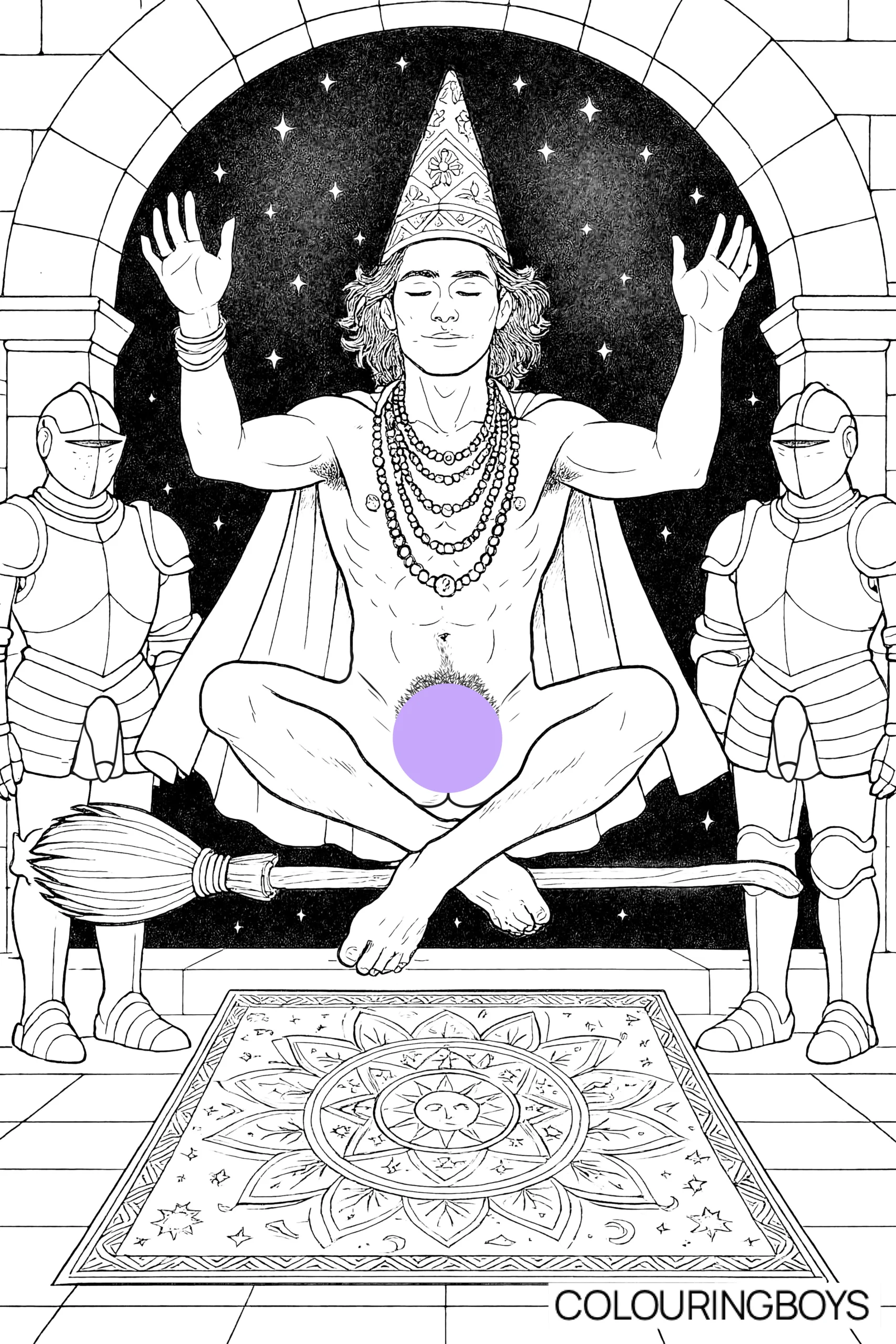 Beautiful male wizard in a figure drawing colouring book designed for adults 18+