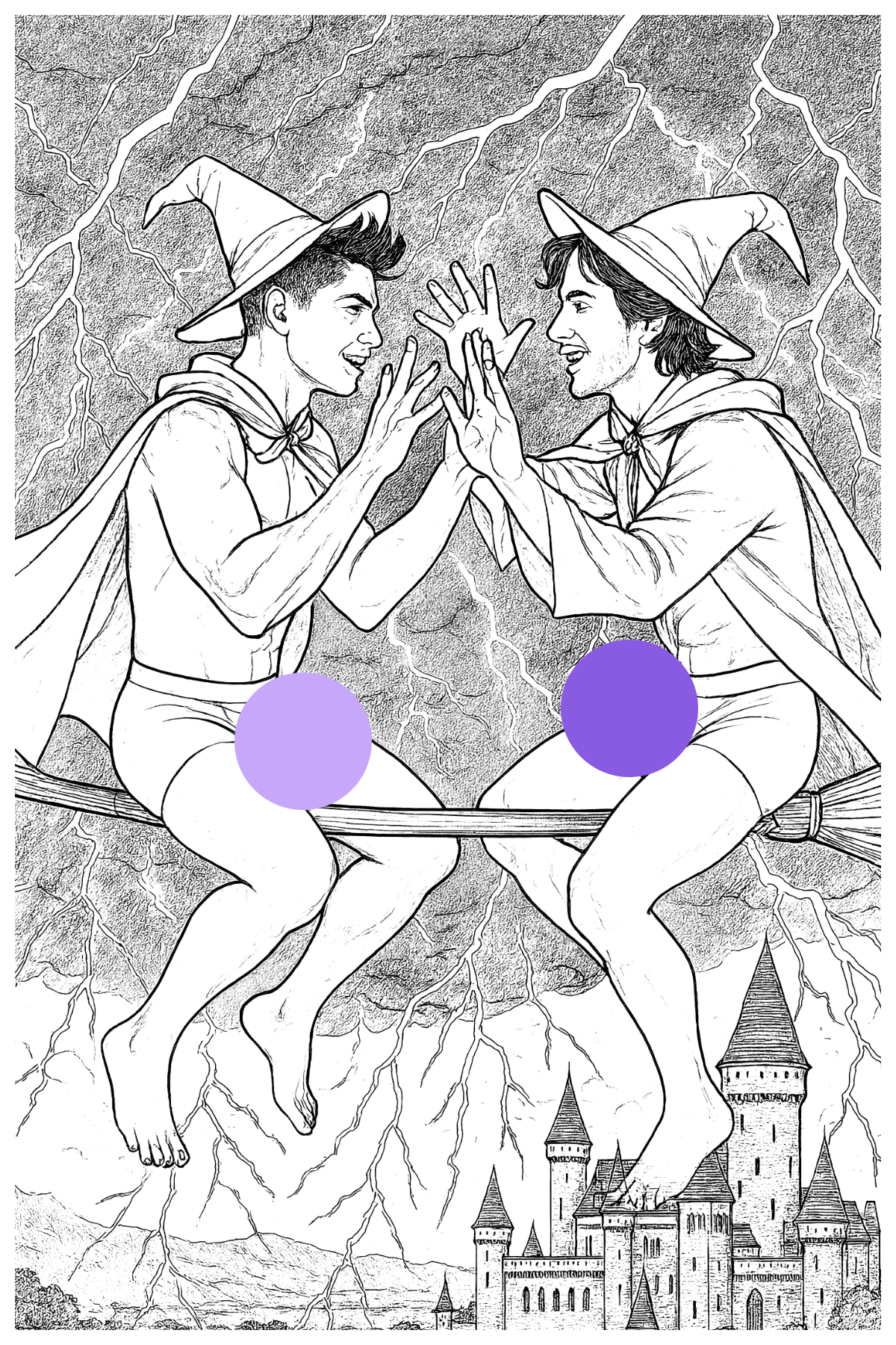 Two Wizard men on broomsticks feature in an adult colouring book for an 18+ audience