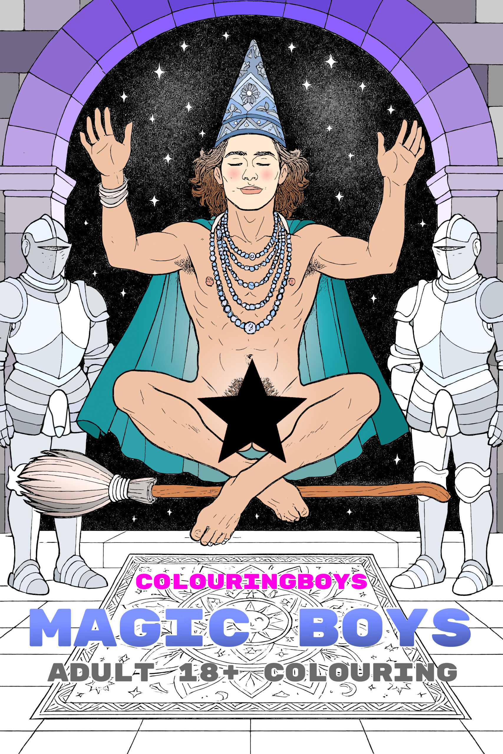 Gay coloring books for adults, a cover featuring a nude male wizard from the Magic Boys collection by colouringboys