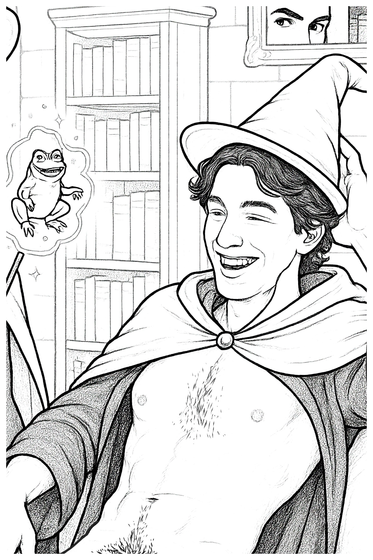 Handsome Wizard practising magic in an adult 18+ colouring book