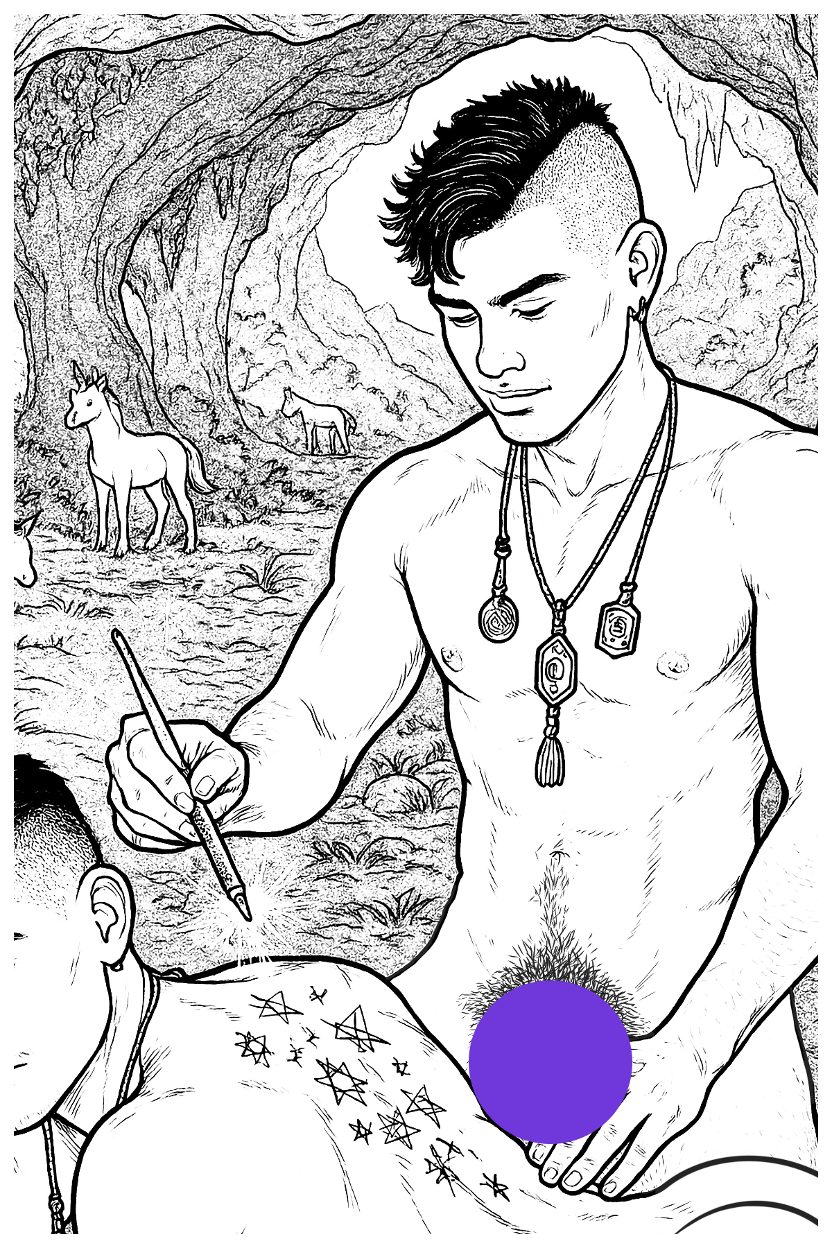 Tasteful nude male figure colouring book illustration of wizards in a magical forest 