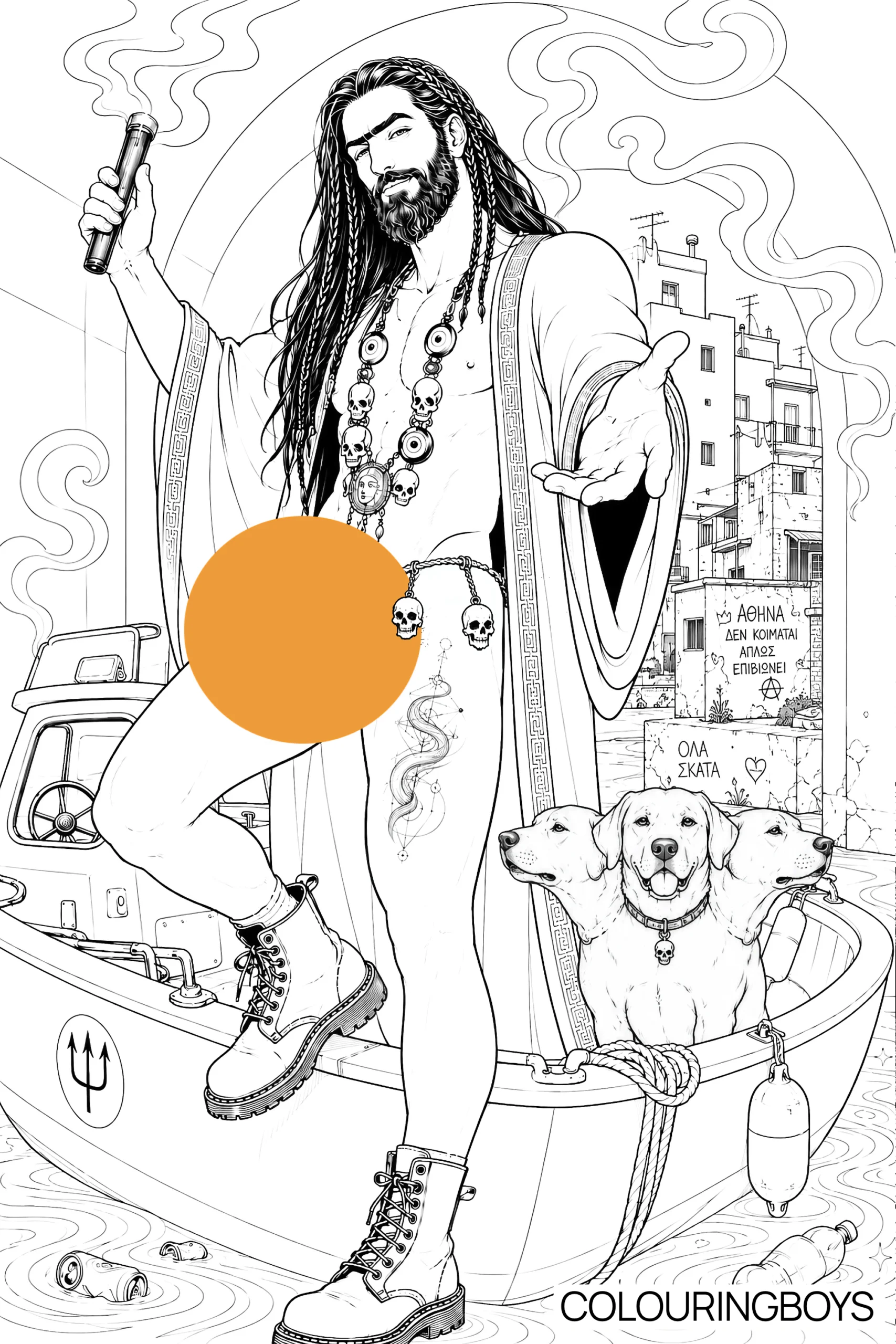 Editorial line illustration of a modern-day Hades, Lord of the Underworld in Greek Mythology. He is framed by an archway, where contemporary architecture and surreal fantasy merge to illustrate the world-building and storytelling behind ColouringBoys adult 18+ coloring books.