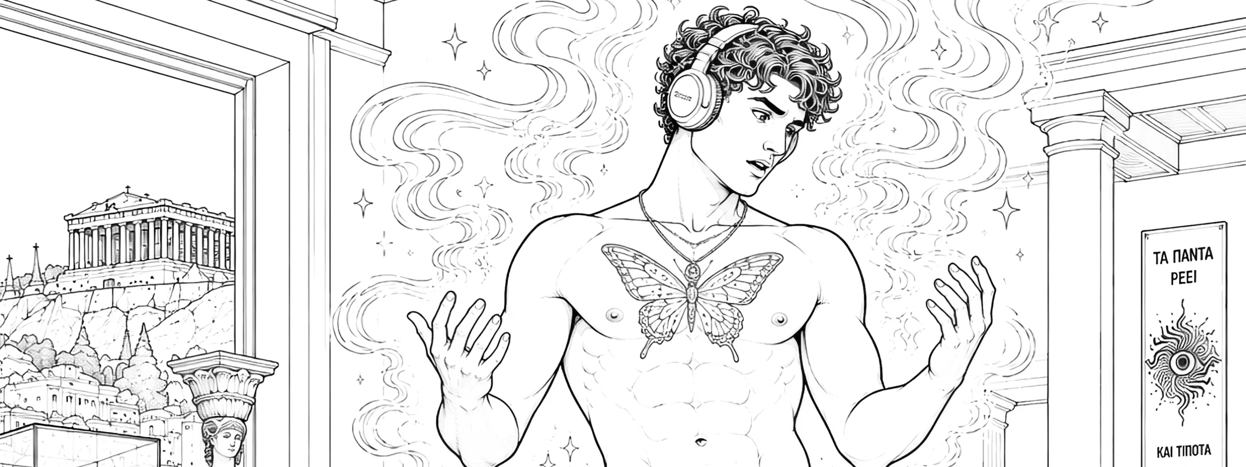 Illustration of a handsome young man with butterfly wings in modern Athens. Premium adult colouring book artwork by ColouringBoys celebrating artistic male figure illustration, imaginative storytelling, contemporary mythology and beautifully crafted line art.