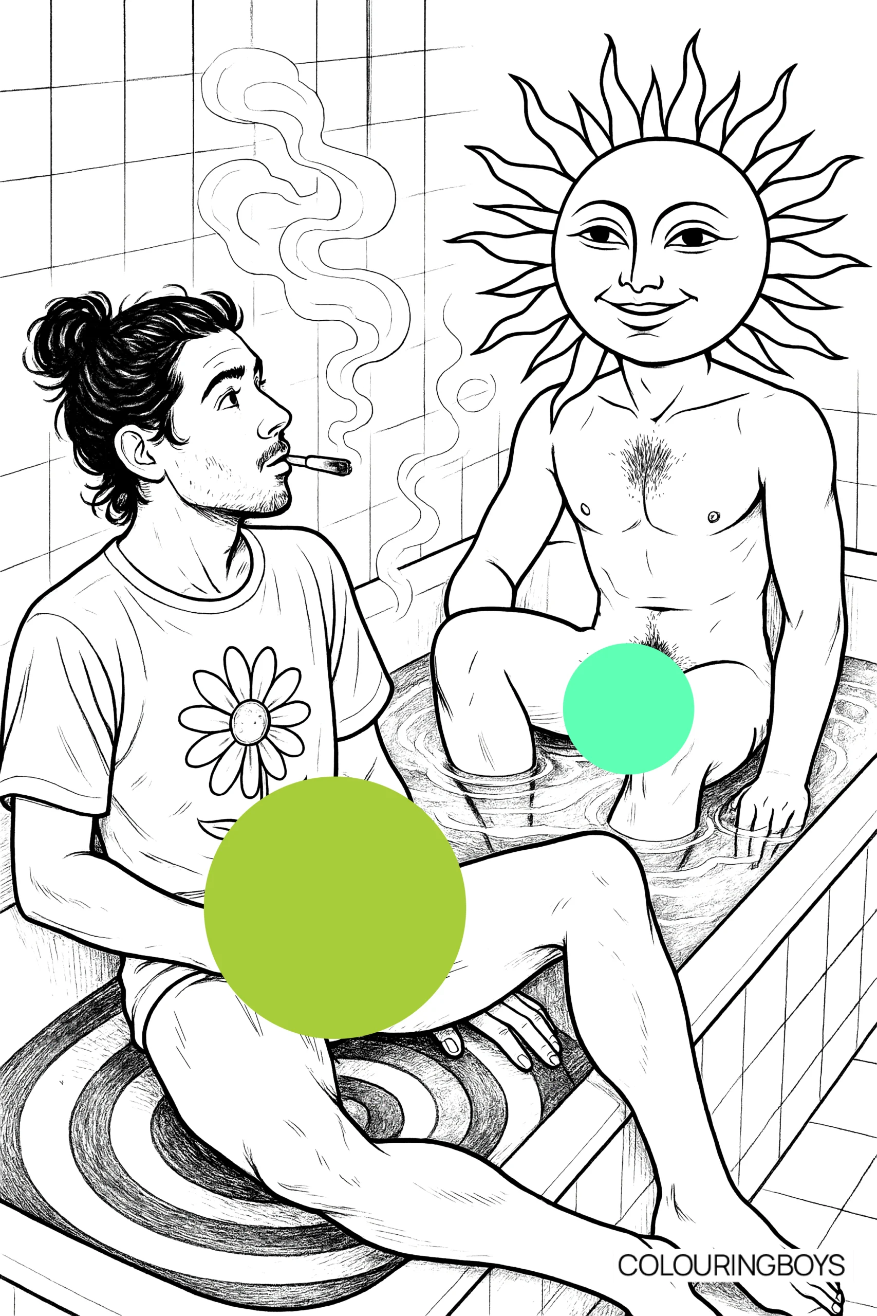 Illustration of two handsome young men relaxing together in a bath, one portrayed as a smiling sun-faced figure in a surreal scene. Premium adult colouring book artwork by ColouringBoys celebrating artistic male figure illustration, masculine beauty, companionship, queer imagination and expressive line art.