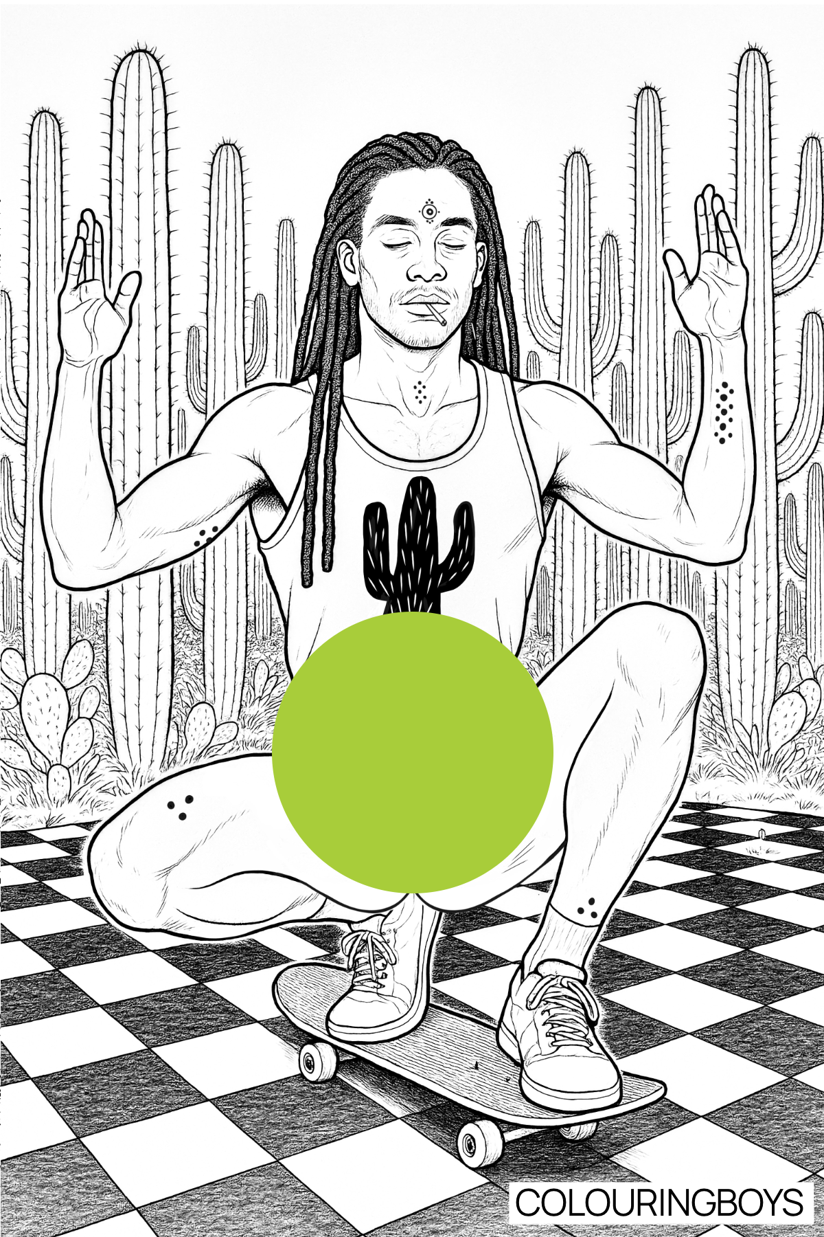 Illustration of a handsome young man meditating on a skateboard in a surreal desert landscape. Premium adult colouring book artwork by ColouringBoys celebrating artistic male figure illustration, contemporary imagination, original worlds and expressive line art.