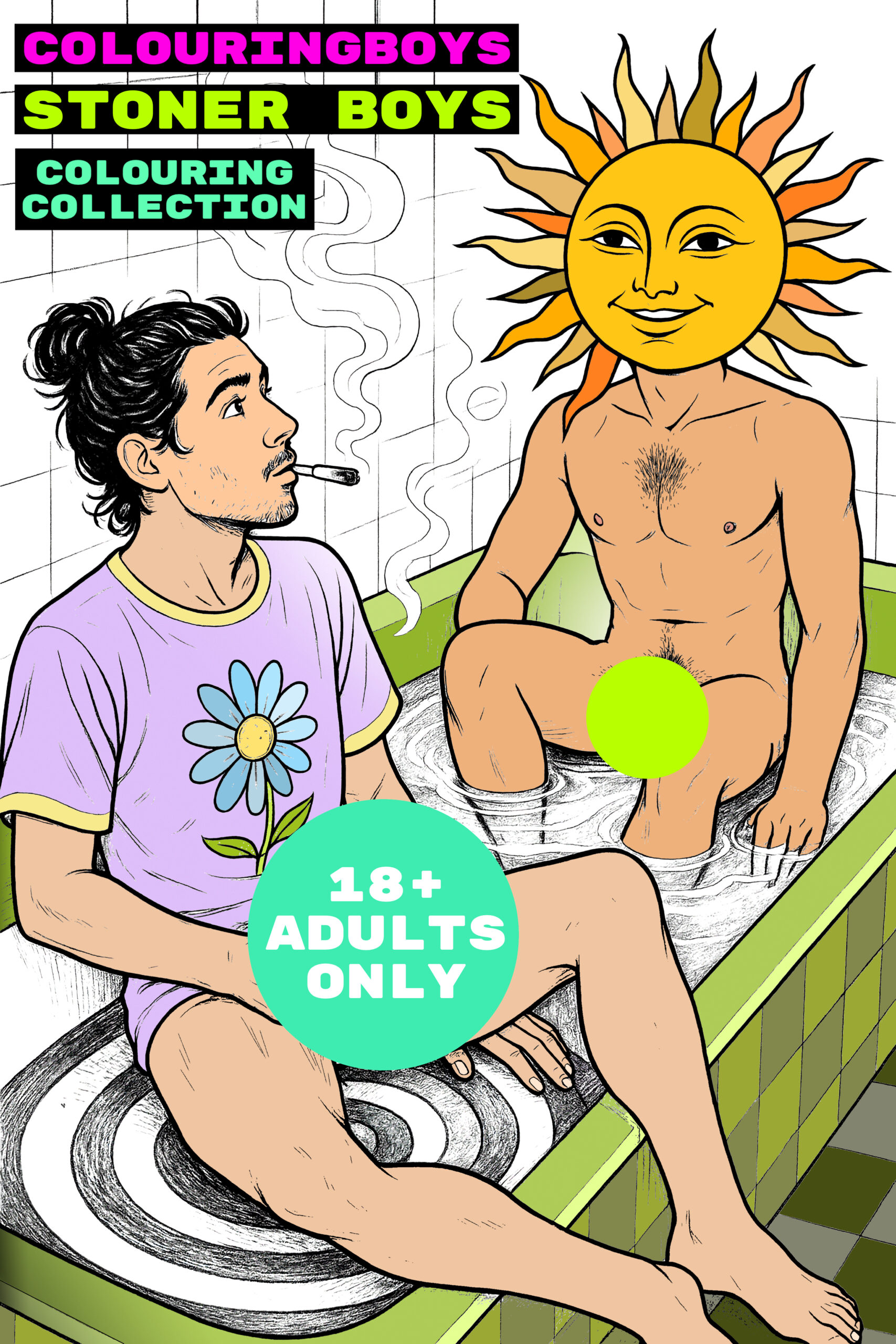Gay adult coloring book cover featuring a nude man and psychedelic sun figure from the Stoner Boys collection by colouringboys