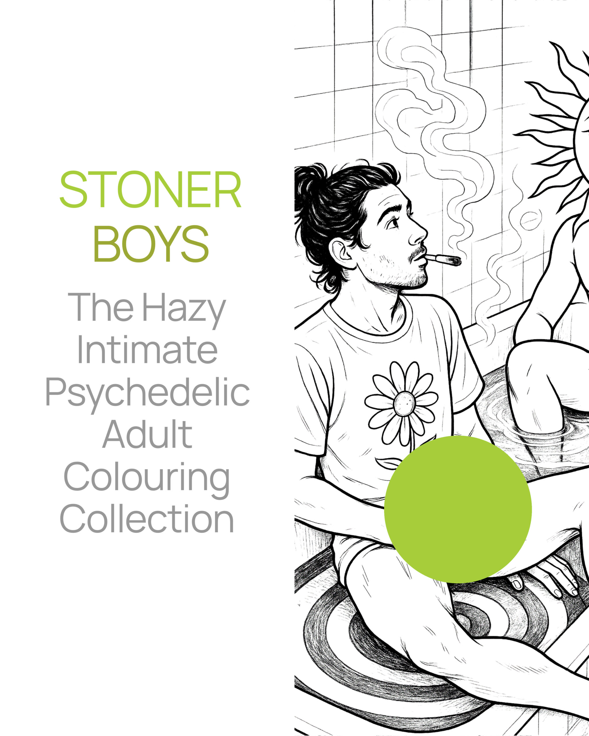Handsome  man smoking beside a surreal smiling sun figure in a psychedelic black-and-white colouring illustration in a gay coloring book by ColouringBoys