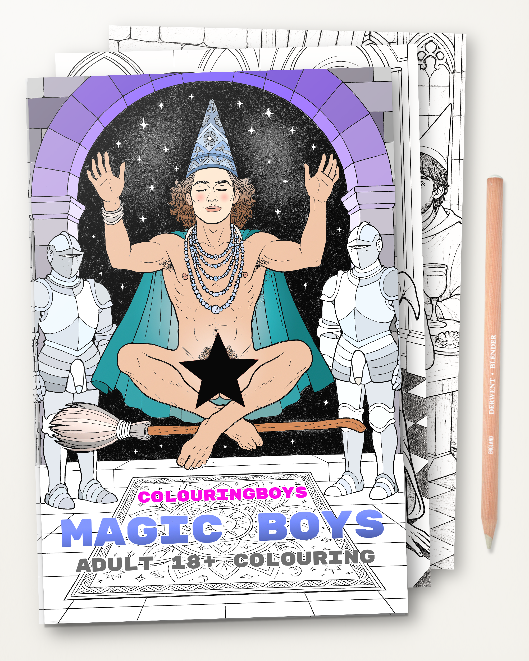 Lifestyle product shot of 'Magic Boys', an adult 18+ gay coloring pages book featuring nude illustrated Wizard fantasy men in a collection by ColouringBoys