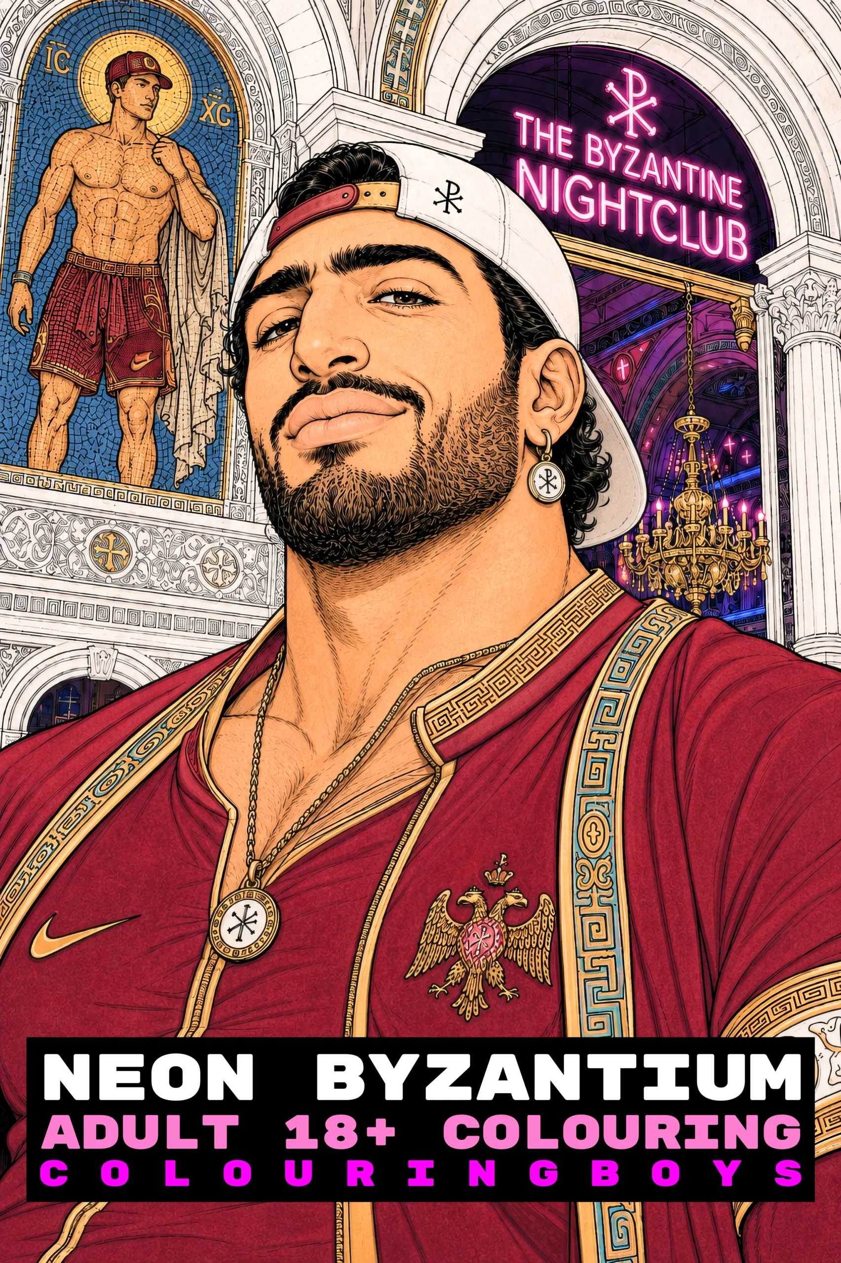Neon Byzantium gay adult coloring book cover featuring Arab and middle eastern men.