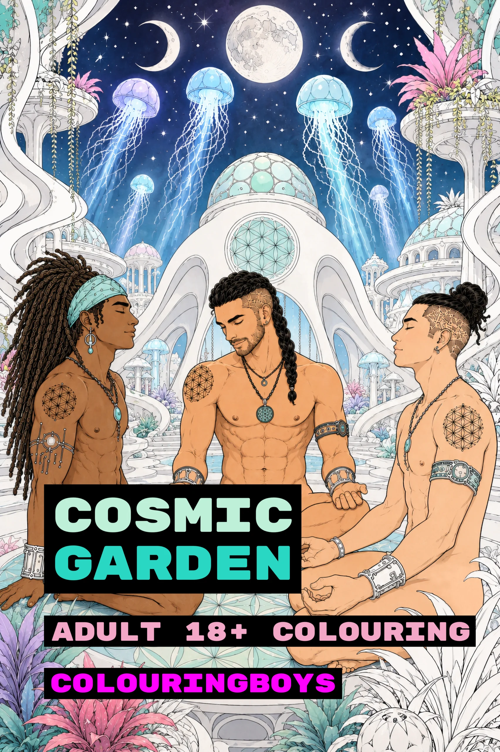 Cosmic Garden gay adult coloring book cover featuring three handsome hippie men in a space community