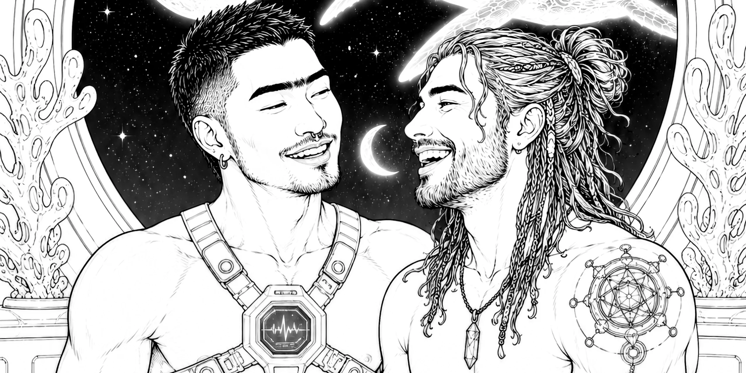 Gay coloring book for adults by colouringboys : illustration of two handsome shirtless men smiling at each other against a starry night sky, representing male companionship and queer storytelling