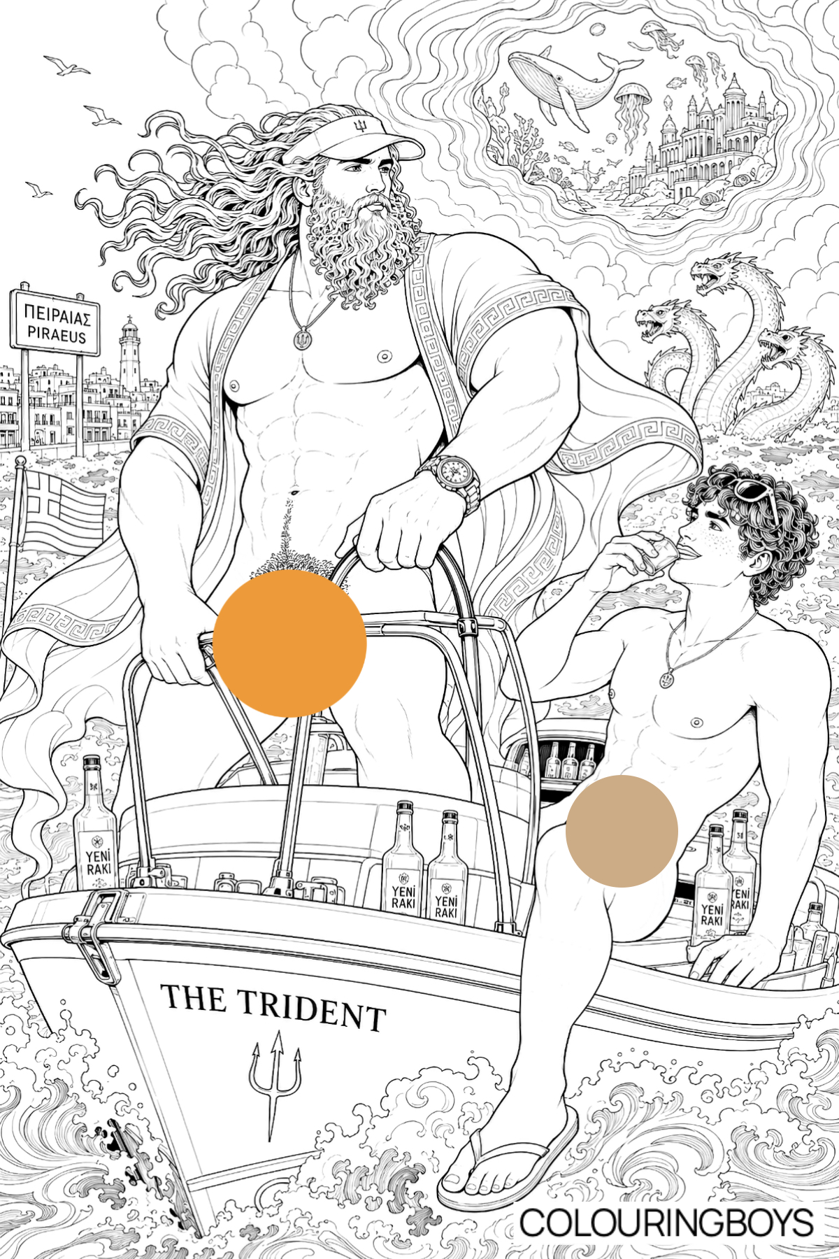 Free printable gay coloring book pages by ColouringBoys.  Poseidon and his nude male companion aboard a boat, from the 'Men of Myth' collection inspired by Greek Mythology