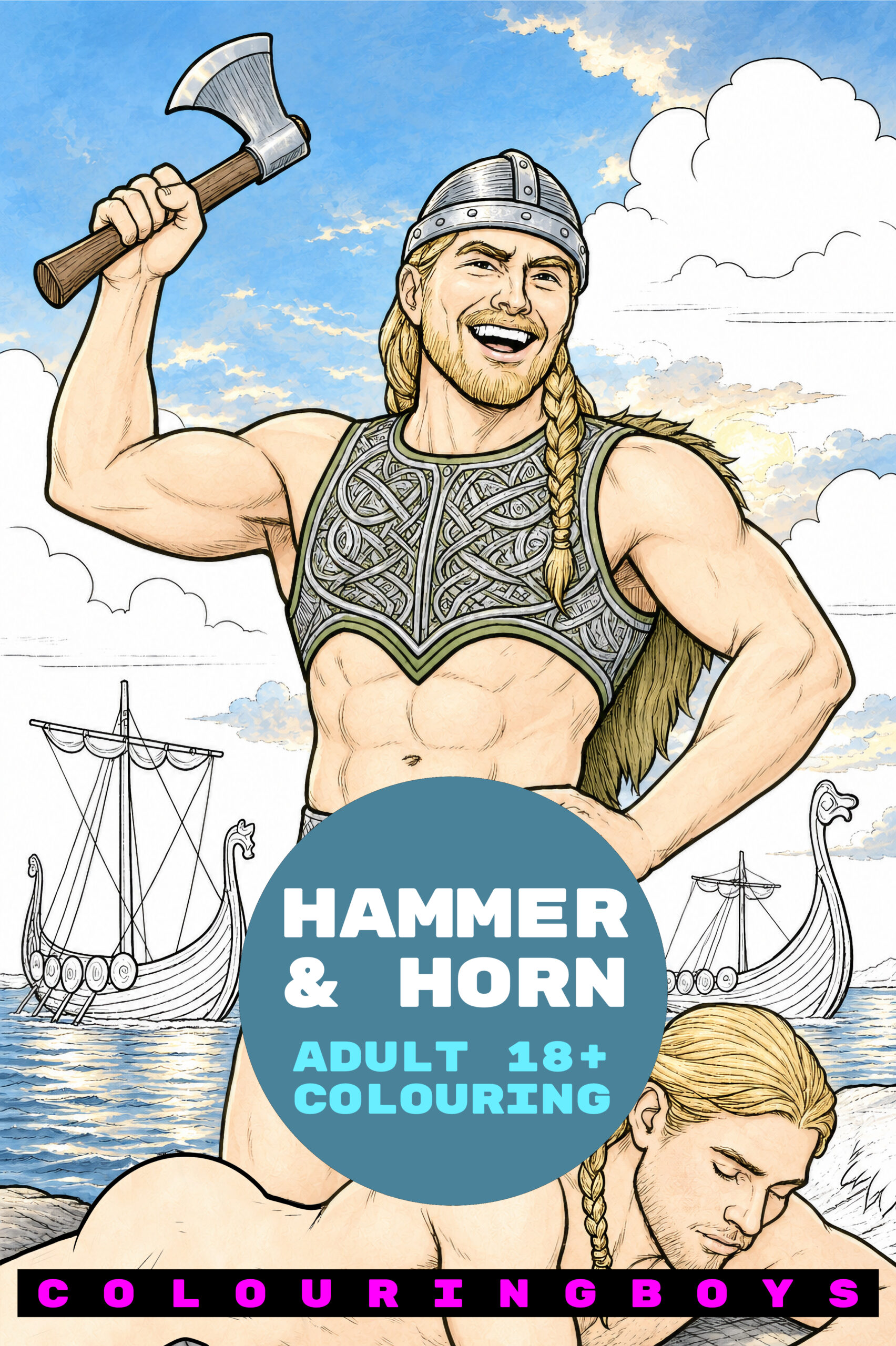 Viking men gay coloring book cover featuring a handsome warrior and his male companion