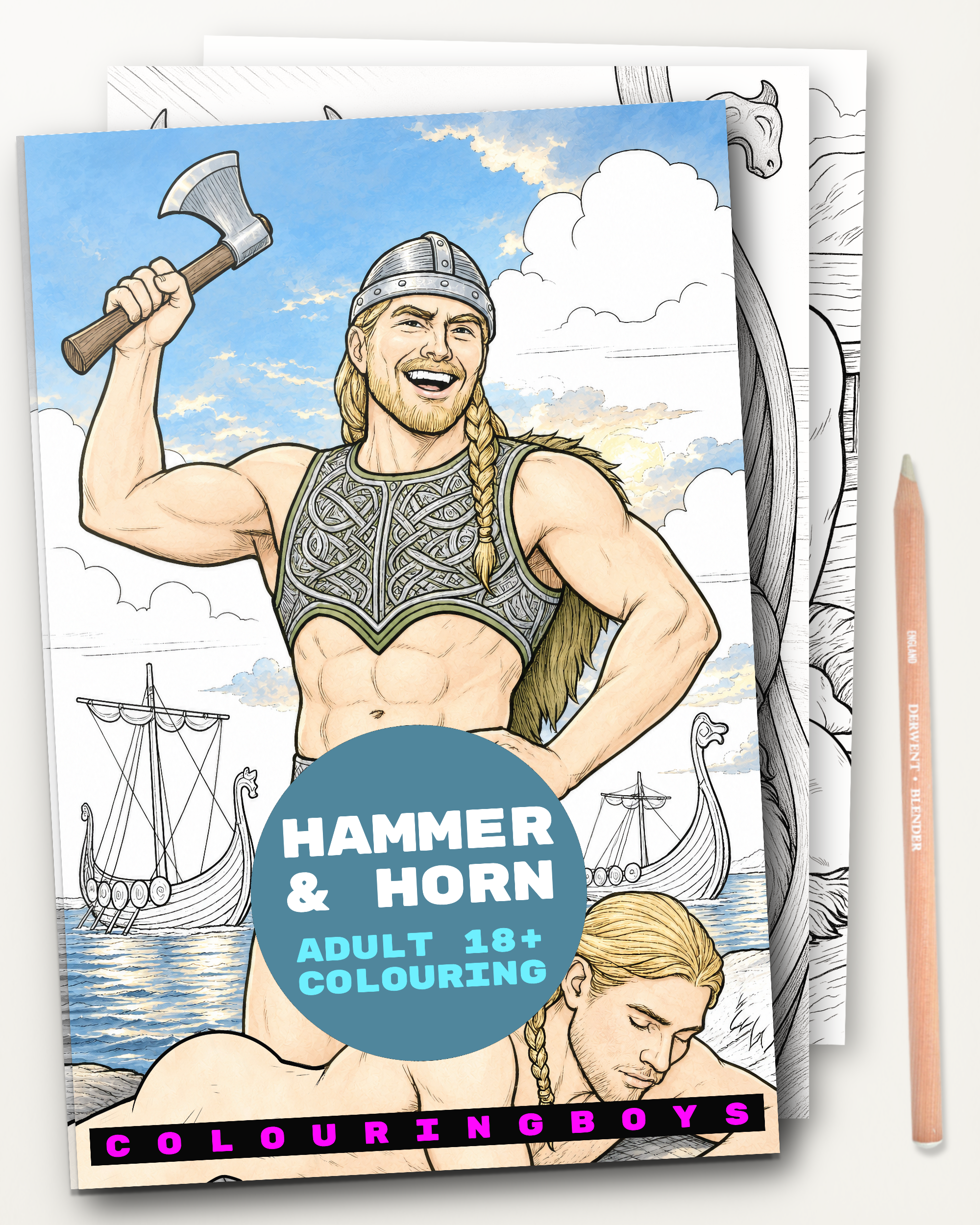 Cover pages from a gay coloring book for adults titled 'Hammer & Horn' featuring handsome Viking men in epic adventures.