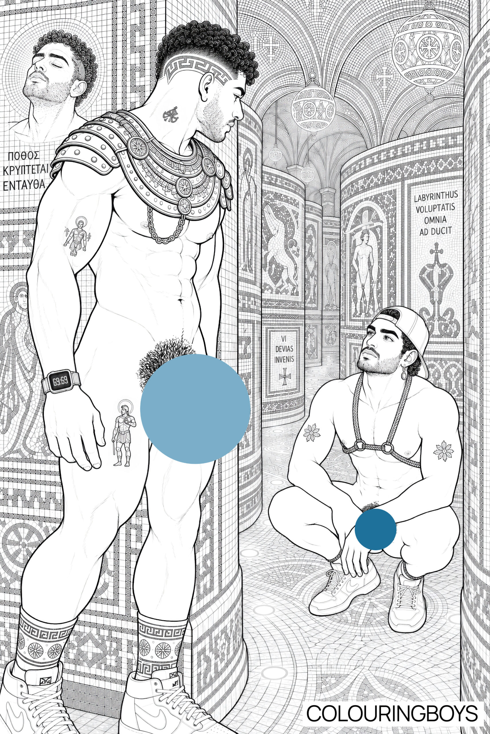 nude Arab men, gay coloring book for adults 18+ featuring hand illustrated male nudity. this page depicts the chance encounter of handsome men in a mosaic labyrinth within a gay nightclub in Constantinople. from the 'Neon Byzantium' collection by ColouringBoys