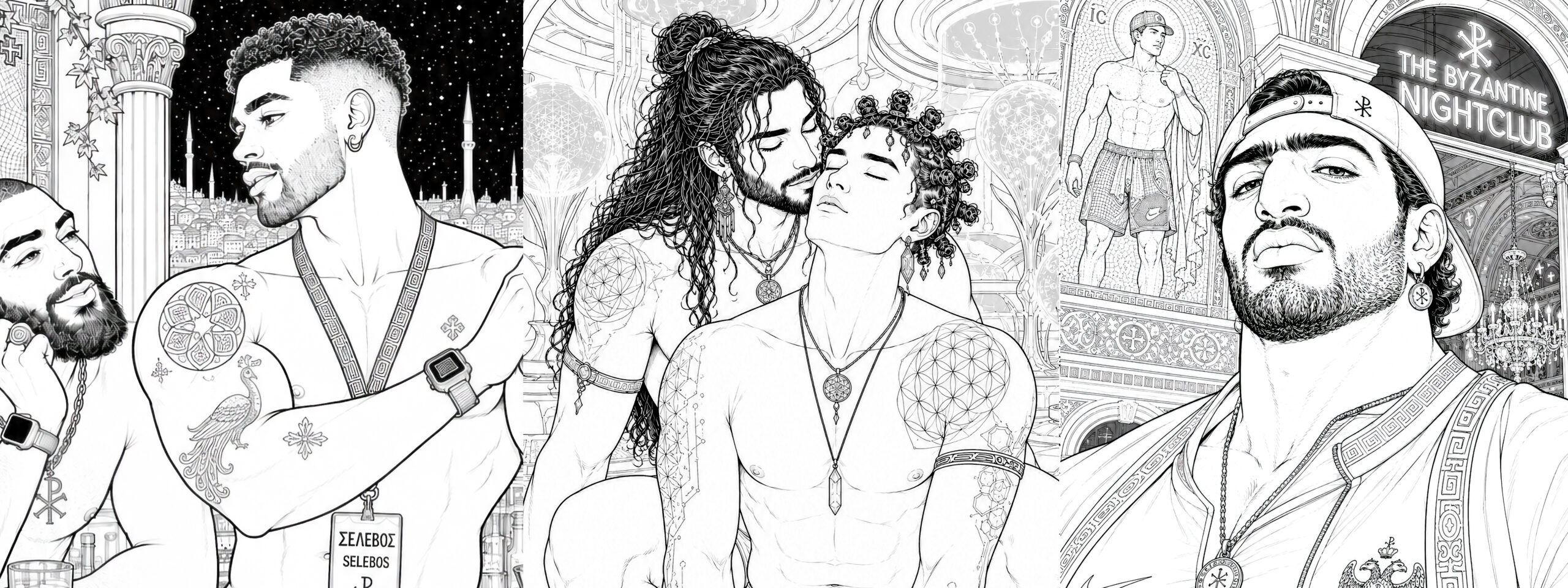 collage image of adult 18+ gay coloring books by ColouringBoys featuring a variety of handsome illustrated men