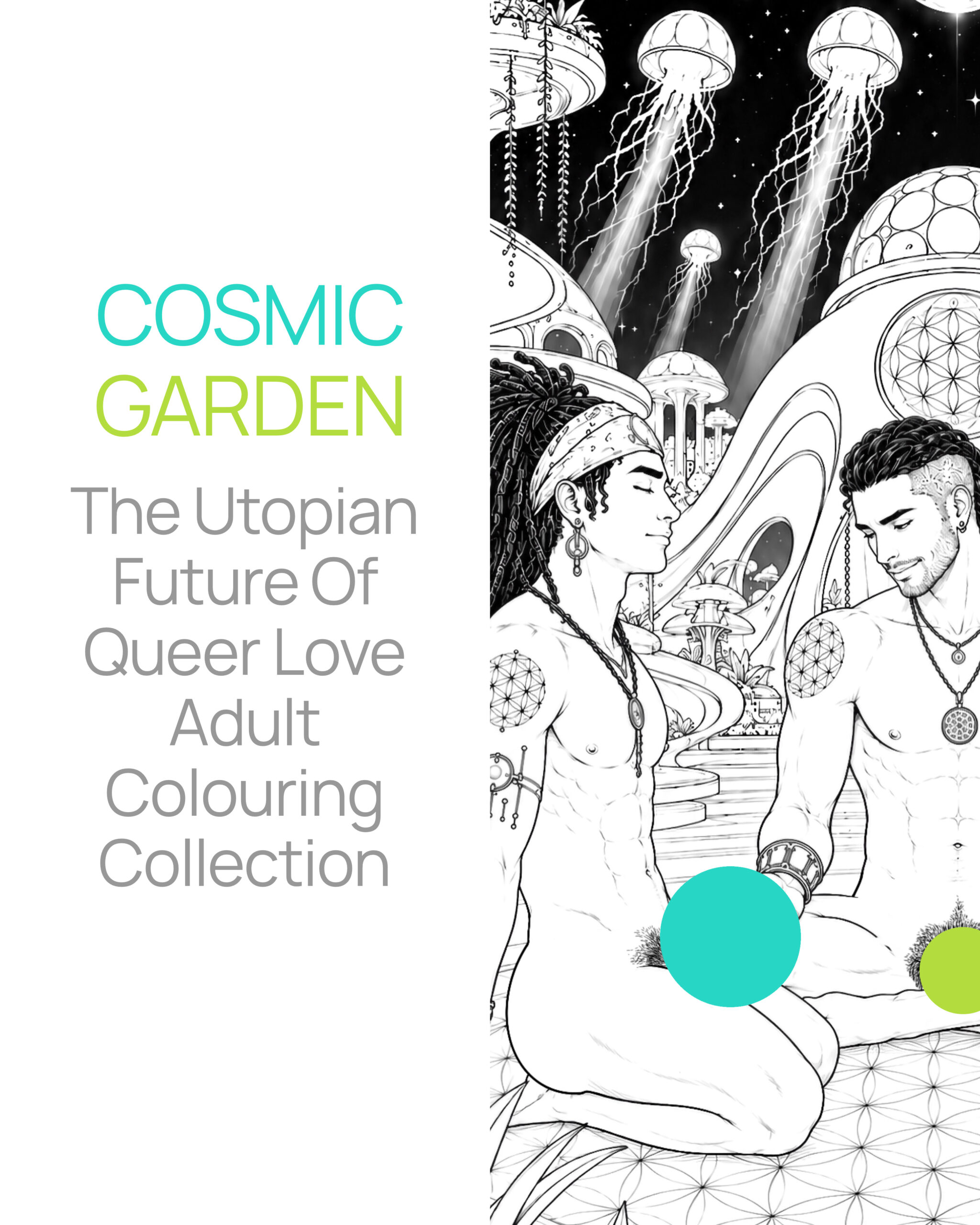 Cosmic Garden colouring book header featuring three men in a futuristic space colony surrounded by exotic plants and cosmic architecture