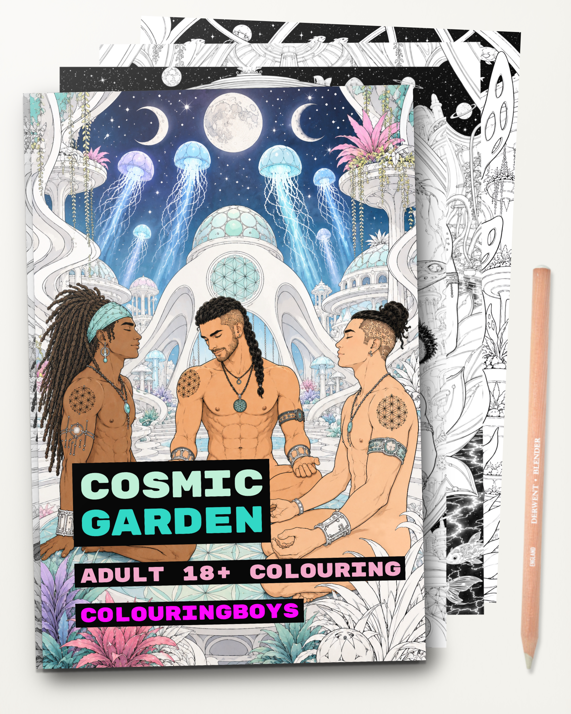 cosmic garden, a gay coloring book for adults featuring nude men
